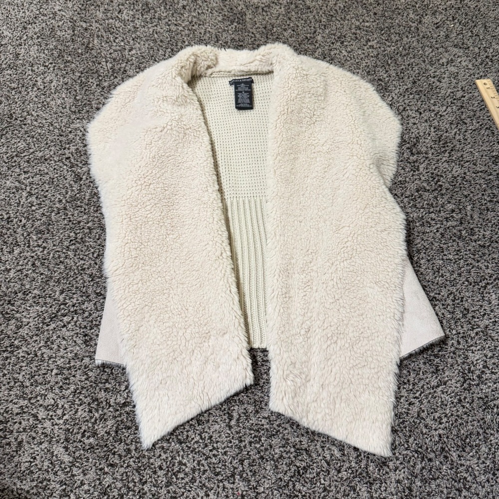Chelsea & Theodore Faux Fur Vest Medium Cream Open Front Knit Sweater Cardigan